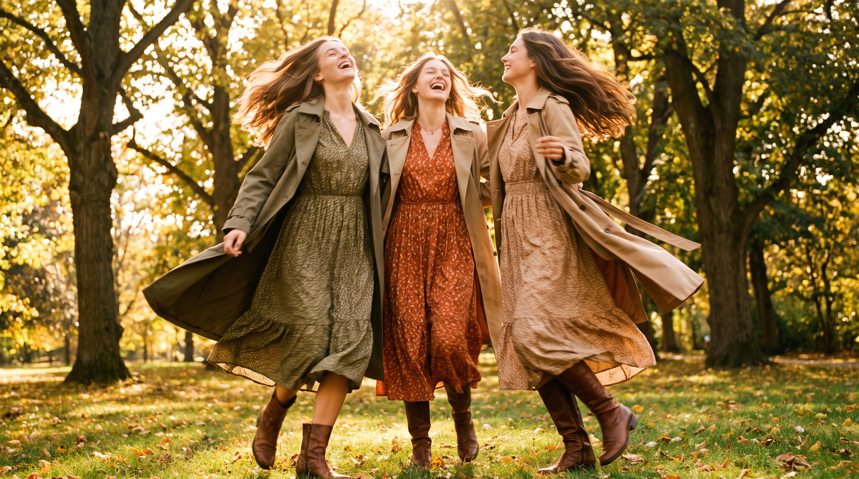 Three women laughing and twirling together in flowing autumn dresses in a golden-lit park